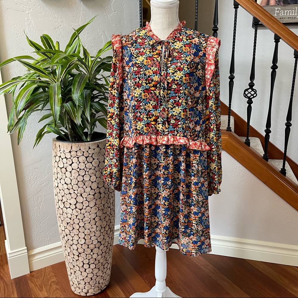 Anthropologie Boho Long Sleeve Floral Print Mini Dress Size: Large New!